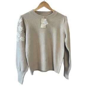 Hem & Thread Beige Crew Neck Sweater Floral Embroidered Puff Sleeve Women S